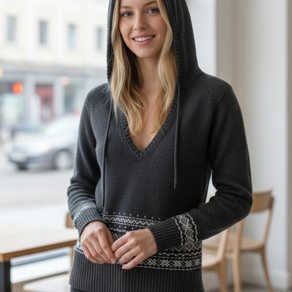 Sonoma Life + Style Knit Hoodie Med Petite Pullover Gray - White Holiday Pattern - Picture 1 of 7